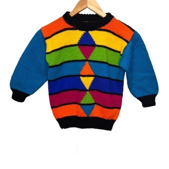 Handmade Knit Crew Neck Rainbow Colourblock 80s Inspired Sweater Size 6 - Picture 1 of 9